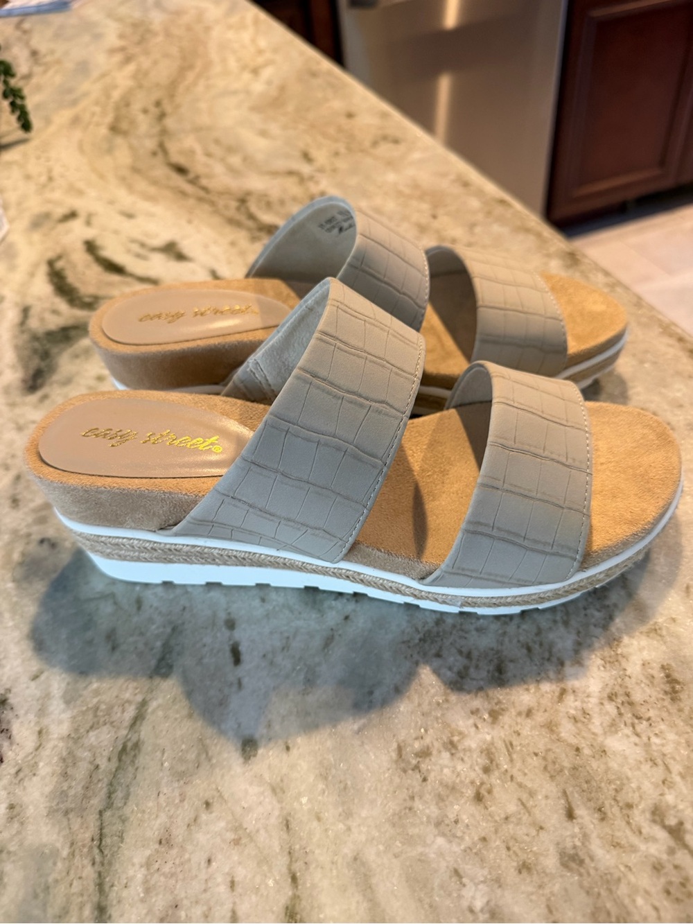 easy street Taupe Croc-Embossed Double-Band Wedge Sandals